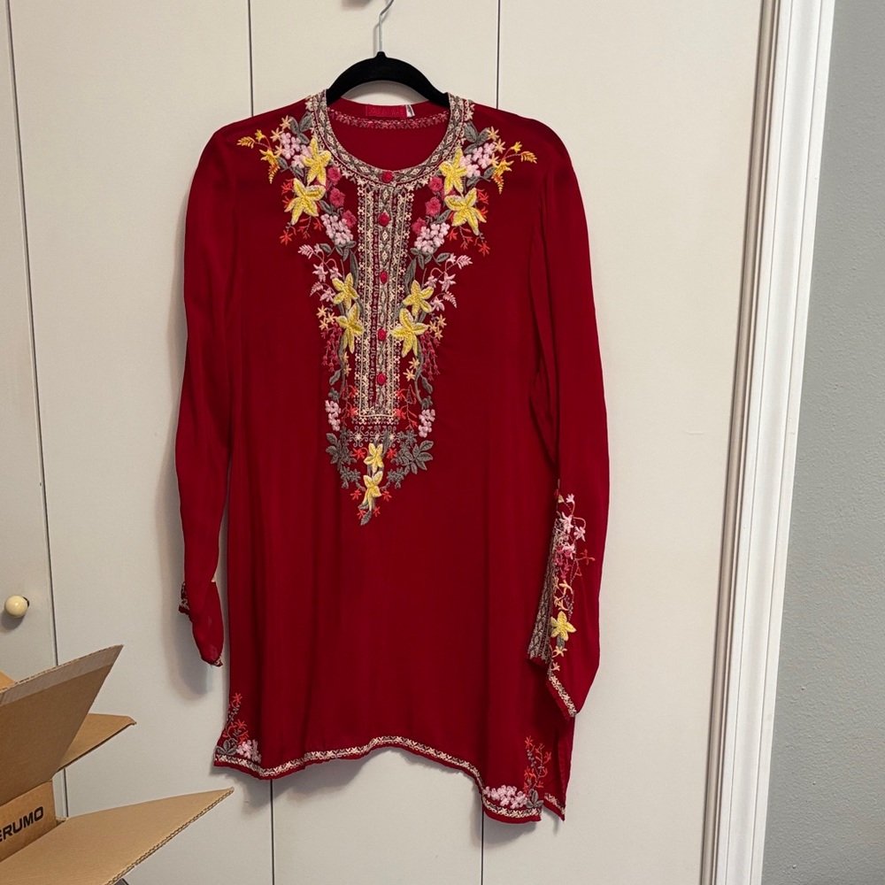 Johnny Was Red Tunic with Yellow and Gray Embroidery